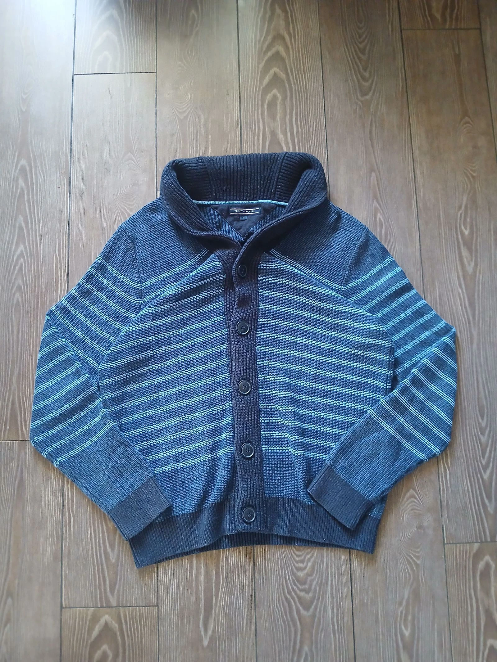 Tommy Hilfiger Blue Striped Shawl Collar Cardigan Sweater Size L Vintage Knit